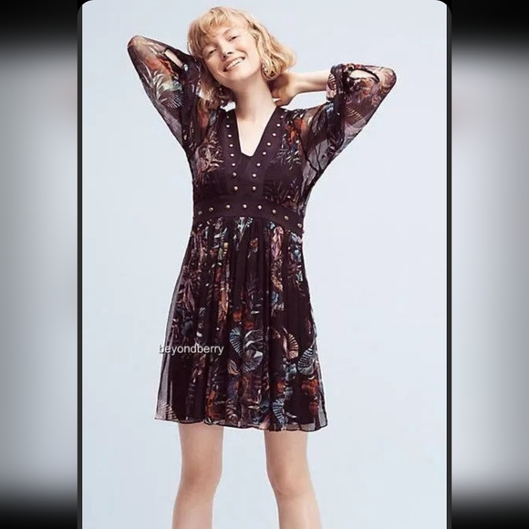 Anthropologie Maeve Black Green Nighttime Florals Sheer Dress US 8 - Picture 9 of 9